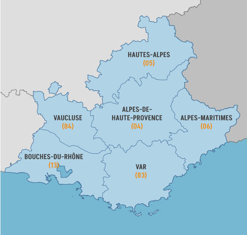 Carte de la région PACA représentant chaque département en nom et chiffre