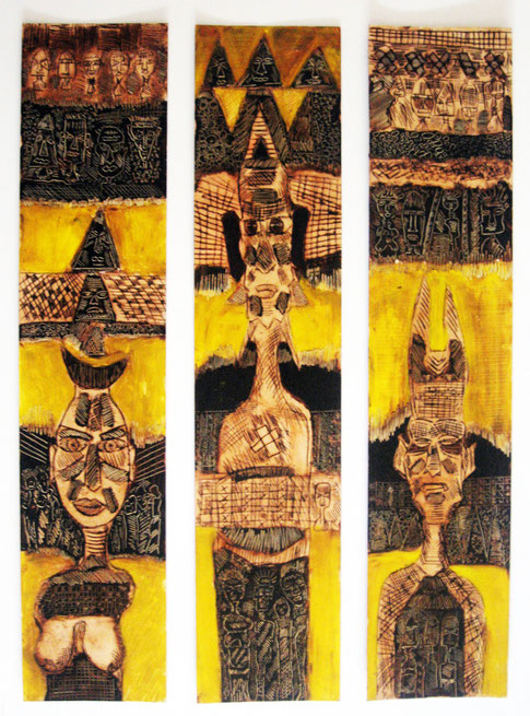 Clans royaux , Tryptich 3x15x75 cm, Mixed media on paper.