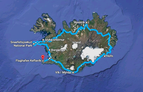 Karte von Island mit der Route