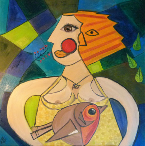 27.Robin meets Picasso 60x60 cm. Ingestuurd wedstrijd Jeroen Krabbé zoekt Picasso.