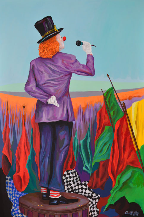 Ein Clown der auf einem Podest steht und eine Rede hält. Das Bild ist mit Acrylfarben auf Leinwand gemalt und hat die Maße 80 x 120 x 4 cm.