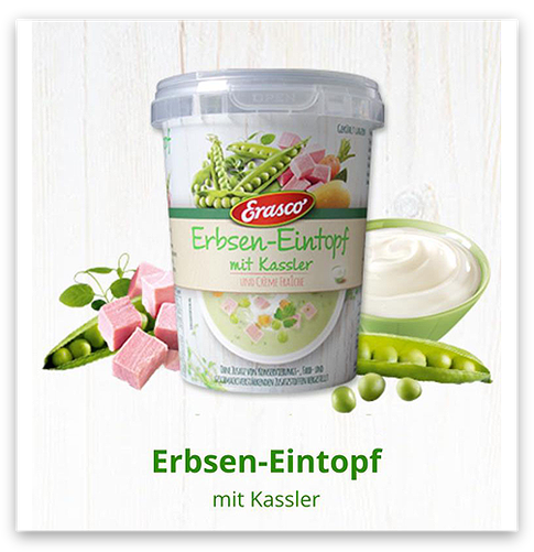 Produktbeispiel der Firma Erasco - Erbsen-Eintopf mit Kassler / PP-Verpackung von ANPAK GmbH - Feinkostbecher mit Originalitätsverschluss