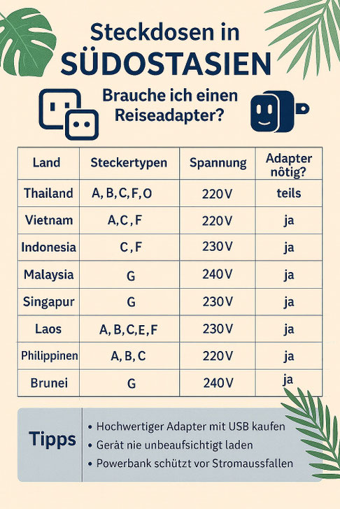 Übersicht Reiseadapter und Steckdosen in Südostasien