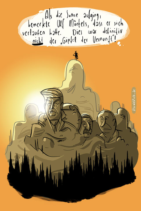 Mount Rushmore, Präsidenten, Trump, Kim Jung Un, Erdogan, Putin, Bergsteiger, Gipfel der Vernunft, Sonnenaufgang