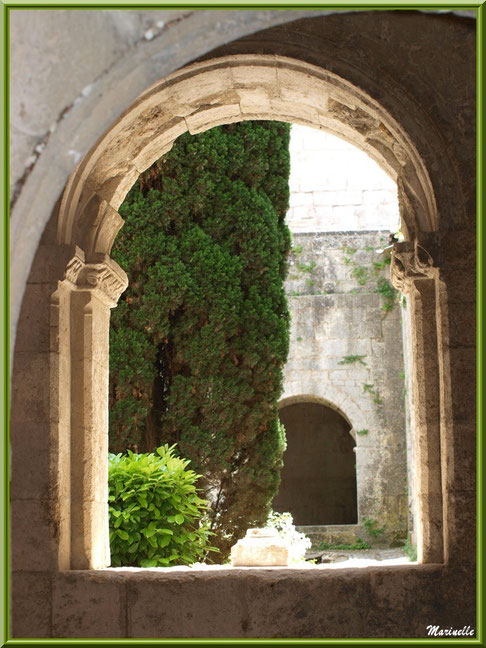 Une des baies du cloître de l'abbaye de Silvacane avec un vestige d'un pied de colonnette et vue sur le jardin intérieur, Vallée de la Basse Durance (13)