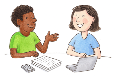 Zwei Menschen sitzen am Tisch mit Laptop, Taschenrechner und Papier – führen ein Geldgespräch, symbolisiert finanzielle Bildung, ADHS und Geldmanagement bei bricklebrit
