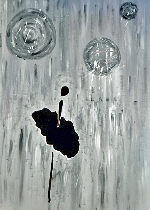 Peinture abstraite en gris et blanc, montrant une danseuse noire, minimaliste avec un jupon en forme de pétales, entouré de trois planètes dont la Lune, œuvres contemporaine de Nine artiste à Provence Provence