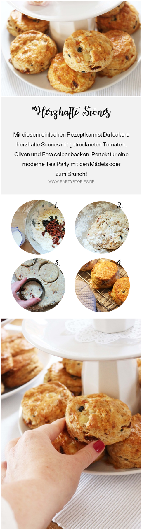 Bild: Einfaches rezept für herzhafte Scones - leckere herzhafte Scones für einen Brunch oder die Tea Party mit getrockneten Tomaten, Oliven und Schafskäse ganz einfach selber backen; gefunden auf www.partystories.de
