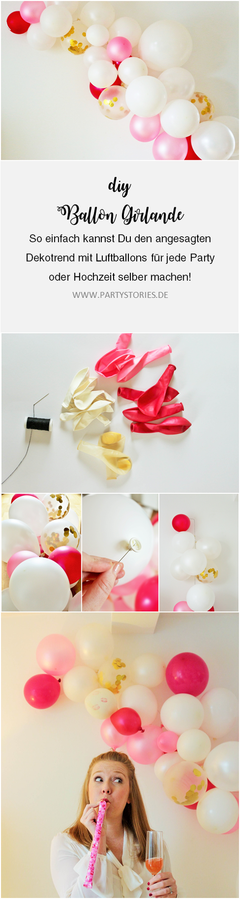Bild: DIY Luftballon Girlande // So einfach kannst Du angesagte Deko mit Luftballons für deine Party, die Hochzeit, den Geburtstag, den JGA, die Bridalshower, die Babyparty und für jeden anderen Anlass selber machen! gefunden auf www.partystories.de