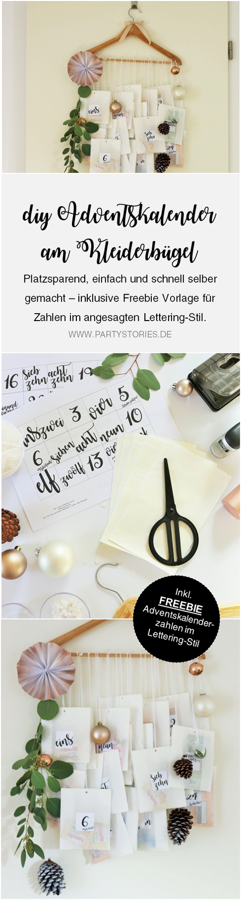 Bild: DIY Adventskalender Idee mit Kleiderbügel und Papiertüten, inklusive Freebie Zahlen zum ausdrucken im angesagten Lettering-Style; gefunden auf www.partystories.de