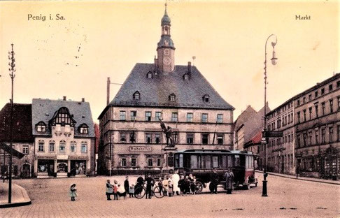 Büssing Bus mit Anhänger auf dem Marktplatz Penig 1913