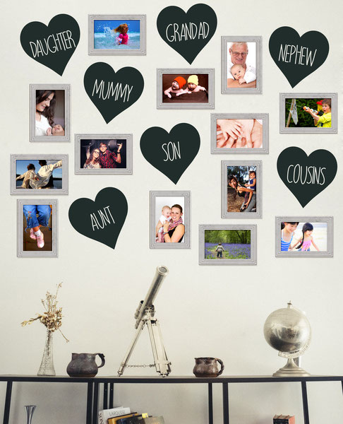 Family love hearts photograph framed wall. The vinyl love hearts adds an extra dimension and a personalised touch to this unique and fun decorating style. The hearts come in lots of colours and sizes from www.wallartcompany.co.uk