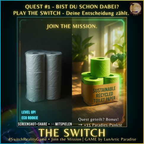 Zwei Stapel Toilettenpapier nebeneinander: links herkömmliche Rollen in Plastik, rechts nachhaltiges recyceltes Papier in grüner Verpackung. Symbolisches Vergleichsbild aus The Switch – Reality Game by LunArtic Paradise, bei dem Spieler:innen nachhaltige 