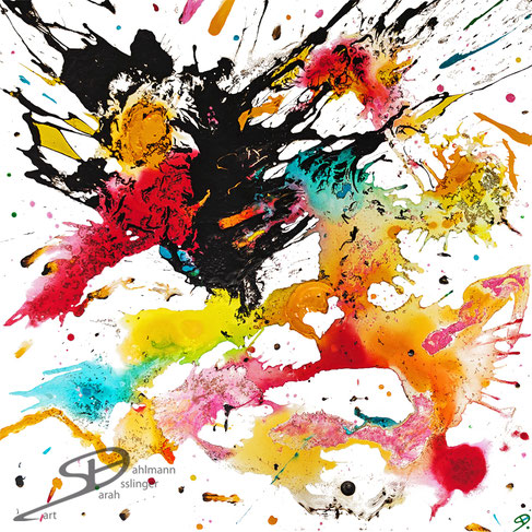 Sarah Esslinger-Dahlmann, Der Tanz, Oktober 2025, 100 x 100 cm, Acrylfarbe, Mischtechnik auf Leinwand, abstraktes, kraftvolles, farbintensives Werk, schwarz als Gegensatz zu einem Farbverlauf