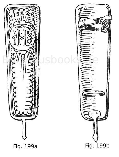 Fig. 199. Italienischer Armschild zu Kampfspielen, aus Holz, mit Pergament überzogen und bemalt. Bezeichnet 1542. Vorder- und Rückseite.