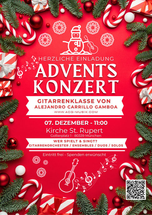 Plakat und Einladung zum Konzert am 07.12.2025. Es spielt und singt die Gitarrenklasse von Alejandro Carrillo Gamboa