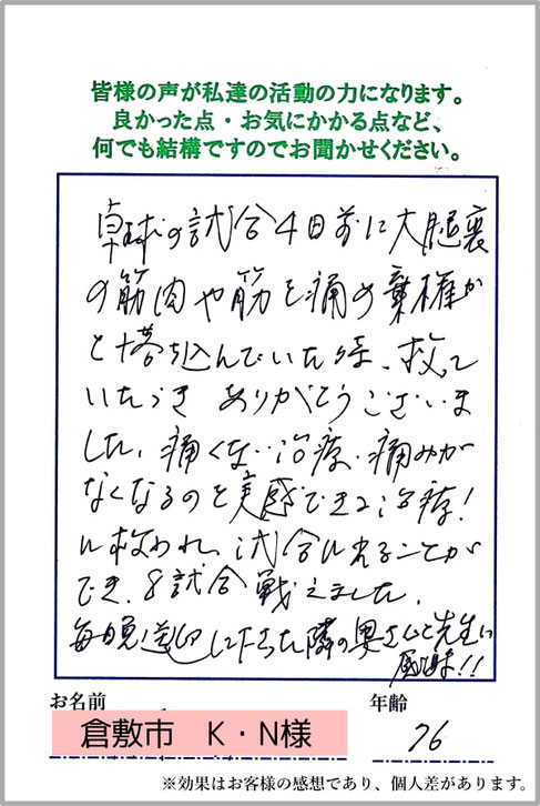 肉離れでお困りだった倉敷市のK・N様