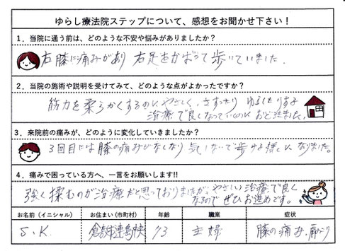 膝痛が改善したお客様の感想