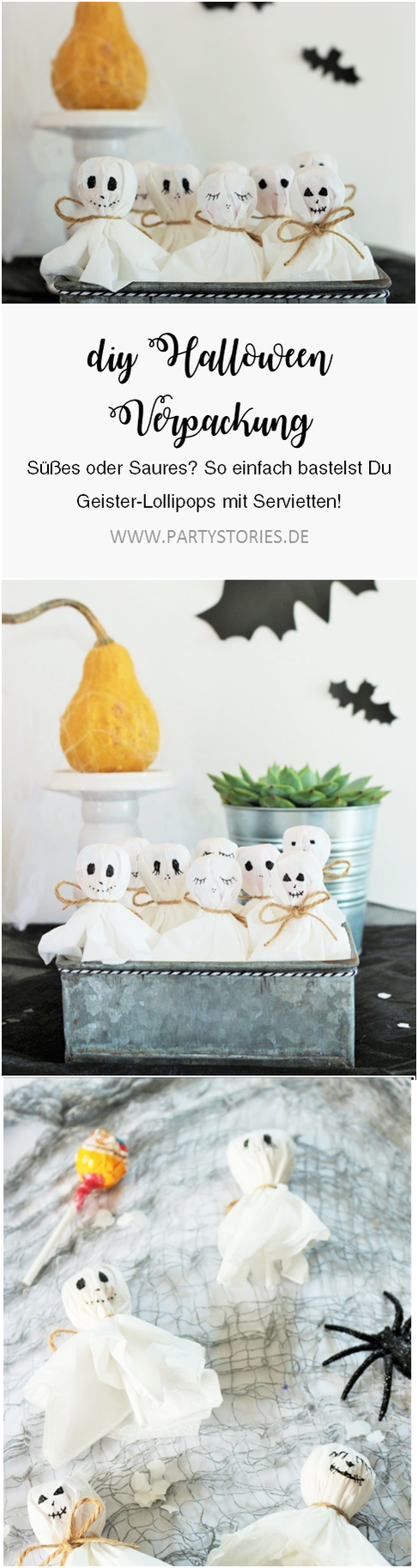 Bild: Eine schnelle last-minute Idee, um Halloween Süßigkeiten zu verpacken: Als Geister-Lutscher samt Servietten, gefunden auf www.partystories.de