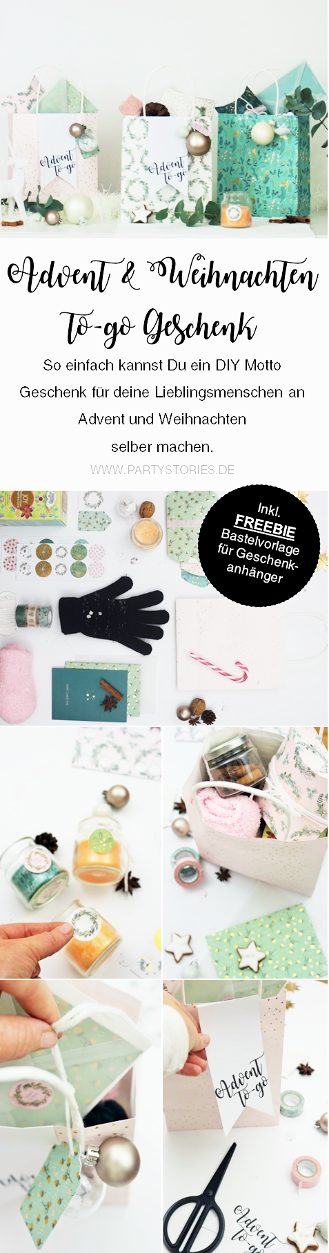 Bild: DIY Geschenk Idee für Advent und Weihnachten to-go, in der Tüte - ein kreatives Motto Geschenk für Advent und Weihnachten zum selber basteln mit Freebie Bastelvoralge für Geschenkanhänger zum ausdrucken, gefunden auf www.partystories.de