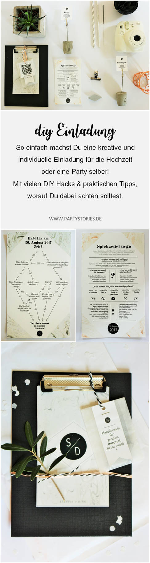 Bild: Idee für DIY Einladung - eine kreative und individuelle Einladung für die Hochzeit oder Party selber machen, zum Beispiel auf dem Klemmbrett, mit vielen DIY Tipps und Tricks, gefunden auf www.partystories.de