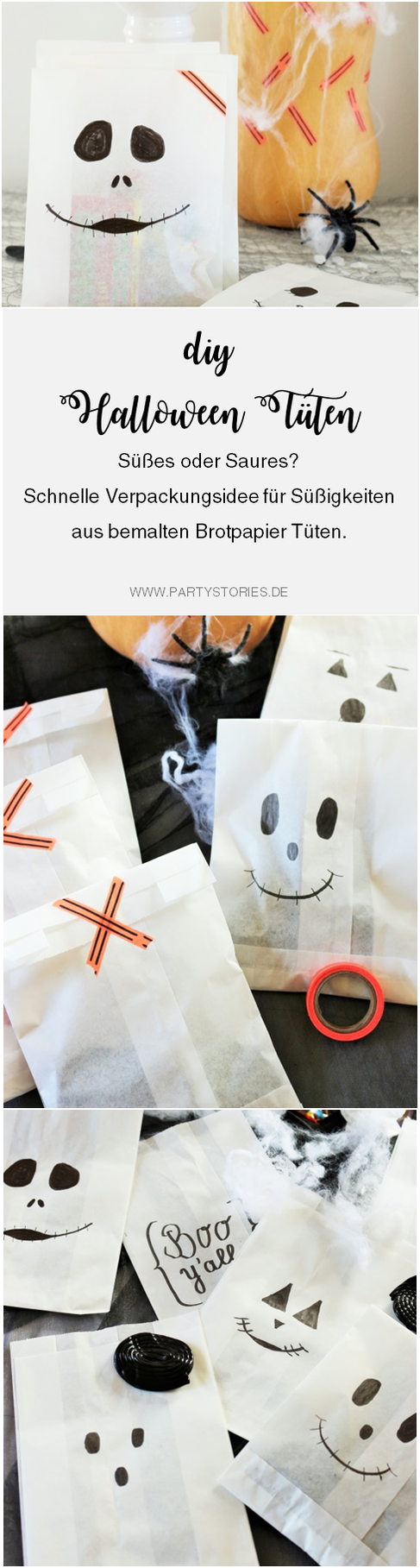 Bild: Eine schnelle last-minute Idee, um Halloween Süßigkeiten zu verpacken - in Brotpapier Tüten samt aufgemalten Gespenster- und Geistergesichtern. Anleitung und noch mehr DIY Halloween Ideen zum Feiern gibt's auf www.partystories.de
