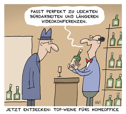 Cartoon zu Wein als Unterstützung bei Videokonferenzen