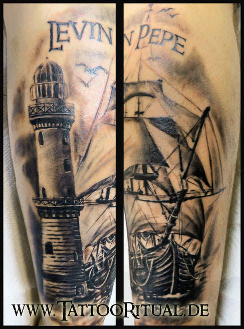 Tattoo Leuchtturm Segelschiff, Tattoo Rostock, TattooRitual