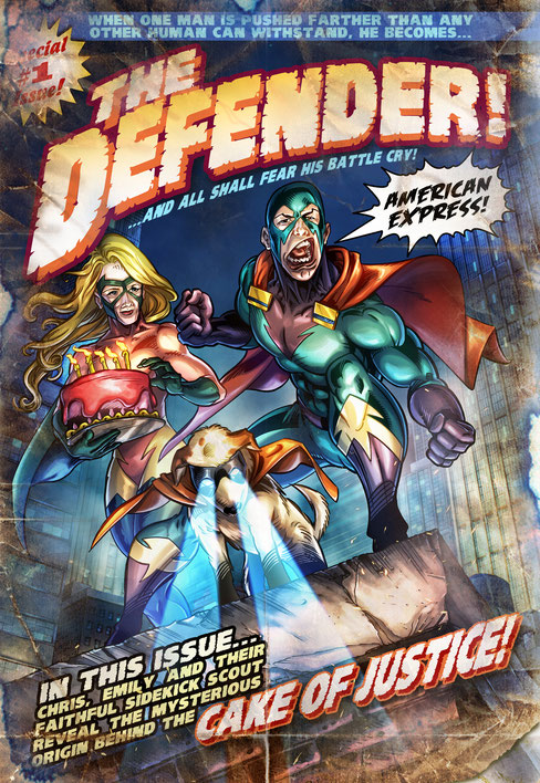 The Defender custom comic cover was illustrated by Aaron Warner of Cartoon Studios who was hired by a visitor to CartoonistForHire.com to create a parody comic book cover featuring "inside" jokes based on the client's family members.