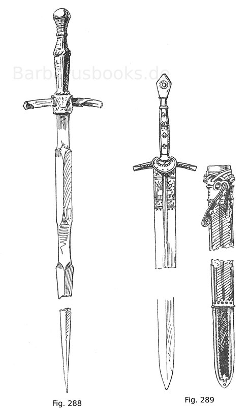 Fig. 288. Pörschwert mit kantig geschliffener Klinge (gotischer Einfluss). Der Griff ist mit Leder überzogen; die Parierstangen sind verstümmelt. Um 1500. Deutsch.