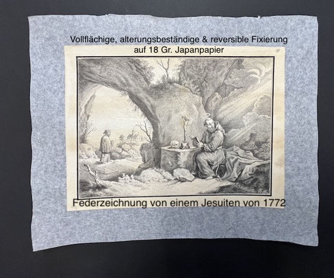 Konservatorische Einrahmungen von Kulturgut -  alte Federzeichnung. 