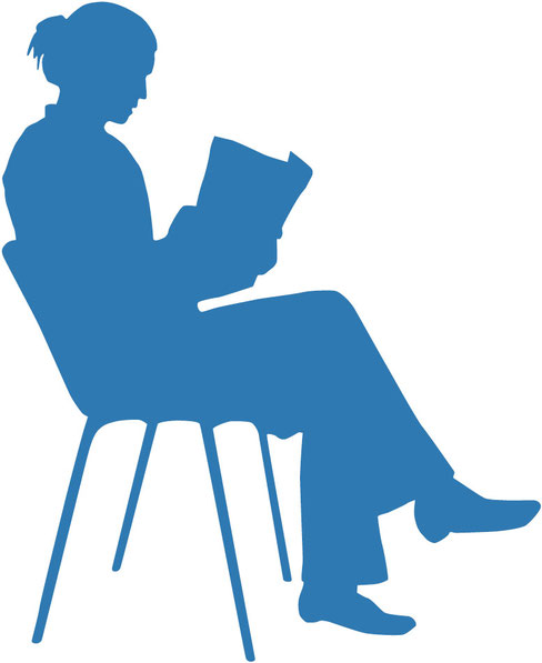 Stilisierte Silhouette einer Person, die auf einem Stuhl sitzt und eine Broschüre liest.