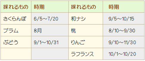 くだもの狩りカレンダーさくらんぼプラムぶどう和梨ももりんごラフランスのお知らせ