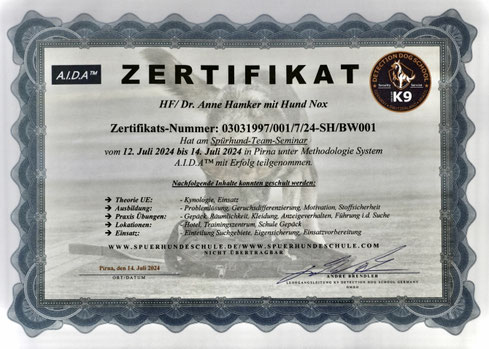 Zertifikat Seminar Bettwanzenspürhunde-Team 2024