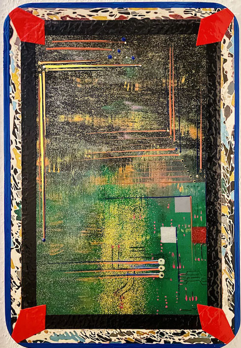 Acrylkunstwerk von Andreas Alka alias FLoYd, entstanden 02 bis 12/2023. Darstellung auf starker Hartholztafel (40 x 58 cm), mit Acryllacken / Acrylfarben grafischen Linienstrukturen und goldglitzerndem Weg, geeignet auch für Spa- oder Schwimmbadbereiche.