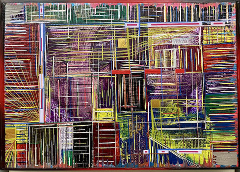 Abstraktes Acrylgemälde „SYNTAX“ von Andreas Alka (FLoYd), 50 x 35 cm, geometrische Strukturen, Linienraster und leuchtende Farben symbolisieren die Ordnung und Komplexität menschlichen Denkens.                                                             
