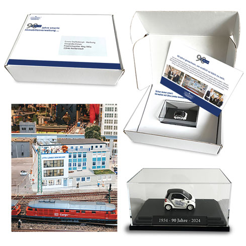 Das Bild zeigt den Mailingkarton, das Modellauto und ein Foto aus dem Miniaturwunderland
