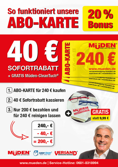 Versandreinigungmueden.de, Abokarte online kaufen, Flyer mit Bonus 40 Euro