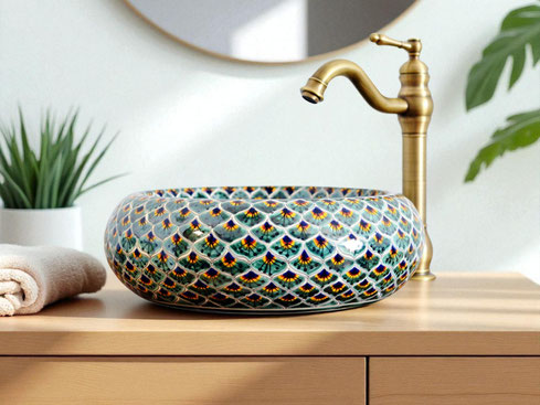 Handbemaltes, exotisches Waschbecken aus Mexiko, PAVO VERDE, mit Pfauenmuster im marokkanischen Stil.