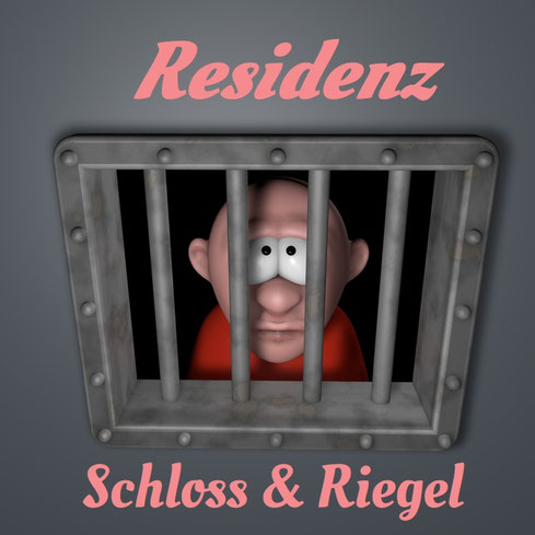 Mann schaut durch Gitter aus Gefängniszelle. Dazu der Titel: Residenz Schloss & Riegel.