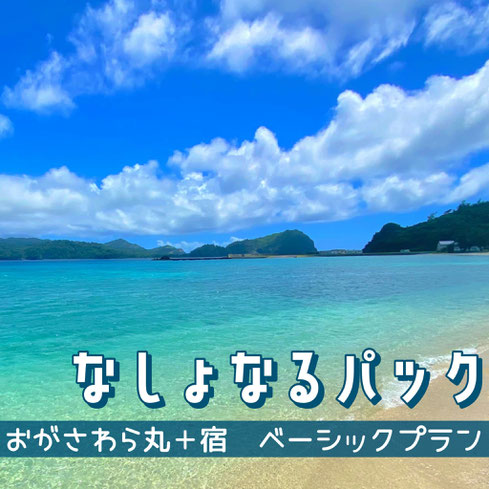 小笠原諸島の透き通った青い海と白い砂浜の風景。空には白い雲が浮かび、遠景に緑の山々が見える。画像下部には「なしょなるパック おがさわら丸＋宿 ベーシックプラン」の文字が白抜きで表示