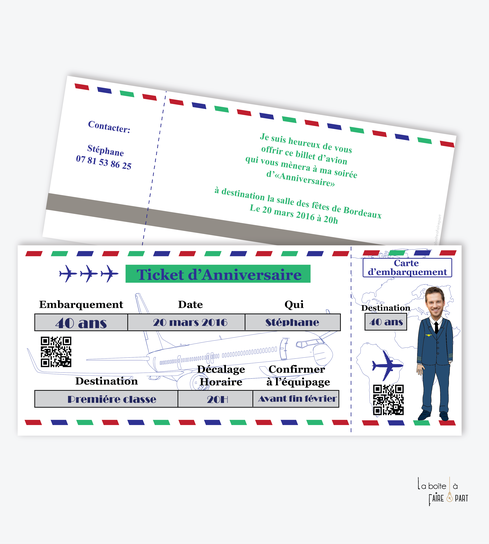 Invitation anniversaire homme billet d'avion-stewart-voyage-valise-carte d'invitation anniversaire homme