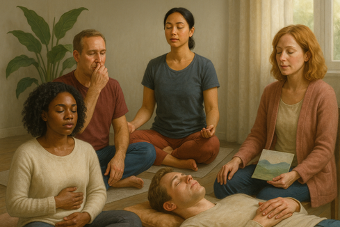 AI-generated illustration: “Four people seated and one lying on a mat for a relaxation exercise.”