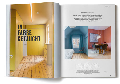 Linkes Bild: Ankleide, vollständig in Currygelb. Rechts zwei Bilder: Eins vom Gästezimmer mit blauer Wandfarbe, eins vom Esszimmer in Rottönen