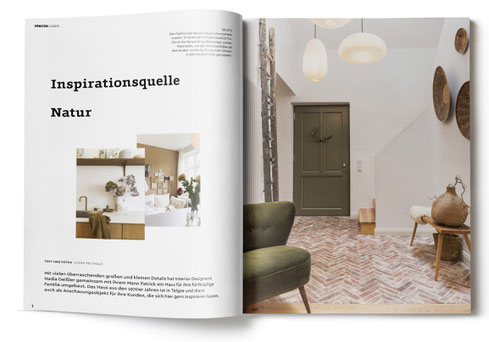 Doppelseite Münster Magazin. Drei Bilder: 1. Detailaufnahme Spüle. 2. Moodboard Büro. 3. Blick in den Flur mit grünbrauner Eingangstür