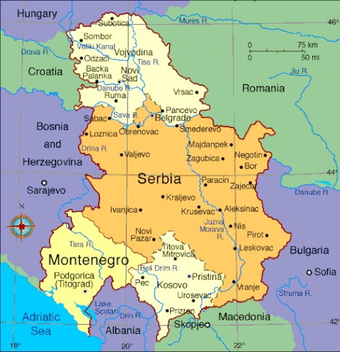 Present day map of Serbia