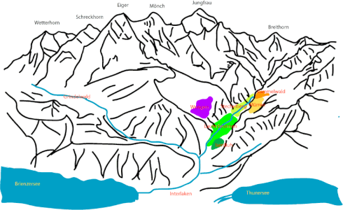 Karte der Lütschinentäler mit Eiger, Mönch und Jungfrau