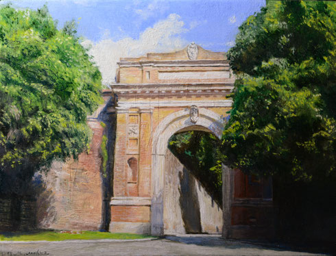 PORTA SAN COSTANZO A PERUGIA　ペルージャのサン・コスタンツォ門　15x20㎝ 油彩・板