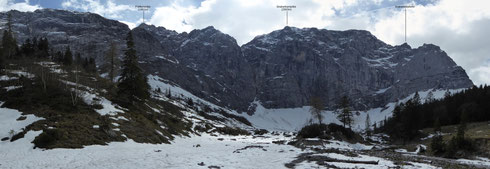 Von der Eng (südwestlich) zu den Nordwänden der Grubenkarspitze (bitte klicken zum Vergrößern)