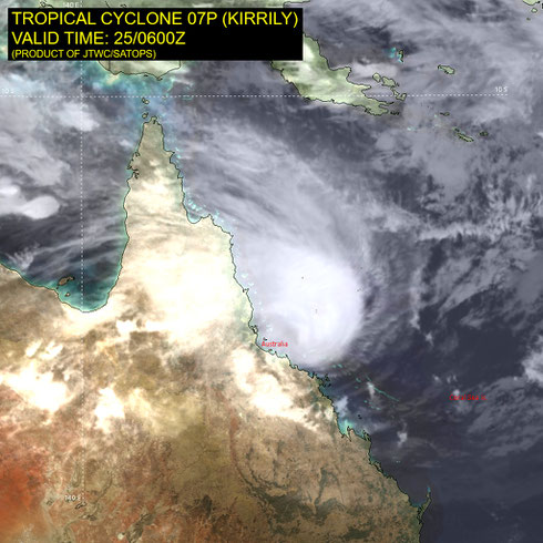 Satellite image of Tropical Cyclone Kirilly approaching the Queensland coast. Image from JTWC, January 25 2024.